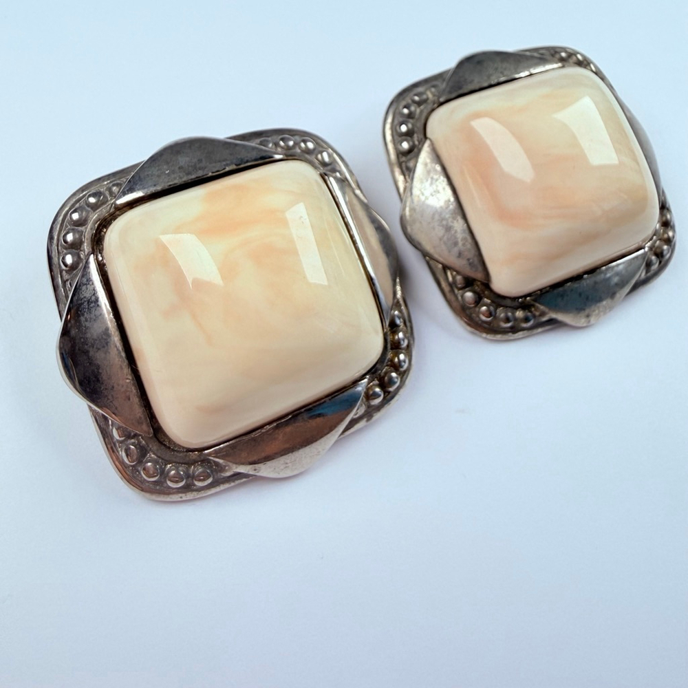 Givenchy BIG Silver Marble Cabochon Haute Couture Runway Earrings Vintage 1980's - Picture 2 of 8